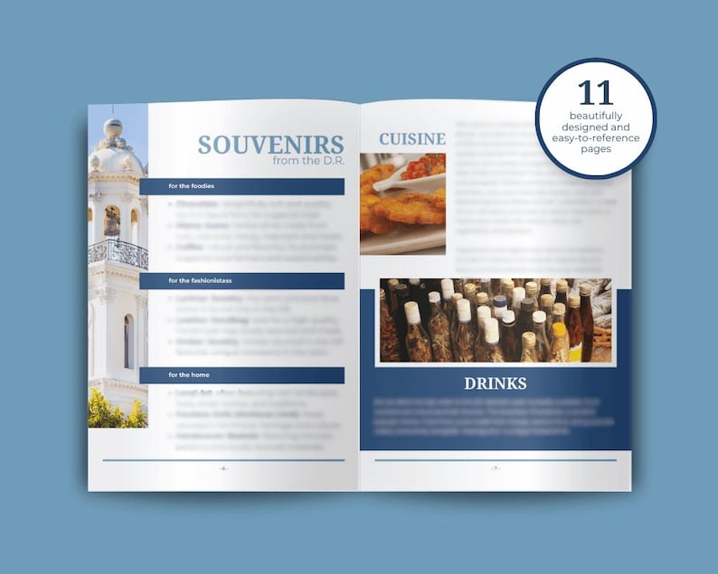 May include: A travel guide with 11 pages of information about souvenirs, cuisine, and drinks from the Dominican Republic. The guide features a photo of a church bell tower and a photo of fried food with a red sauce.