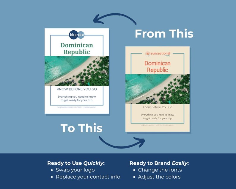 May include: A before you go guide for the Dominican Republic with a beach scene on the cover. The guide is from bluedot and sunseational brands. The text says "Know Before You Go" and "Everything you need to know to get ready for your trip".