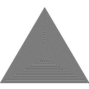 May include: A black and white geometric art print featuring a nested triangle design. The artwork is displayed in a bright, minimalist room with yoga mats, bolsters, and plants. Text at the bottom reads "DESCARGA EL DISEÑO | IMPRIMELO EN CASA | Y CREA TU CUADRO."