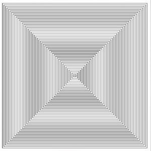 Op de afbeelding: Een zwart-wit geometrische kunstafdruk met een vierkant patroon, tentoongesteld in een lichte kamer met yogamatten, kussens en planten. De tekst onderaan luidt: "DOWNLOAD HET ONTWERP | PRINT THUIS | EN MAAK JE SCHILDERIJ".