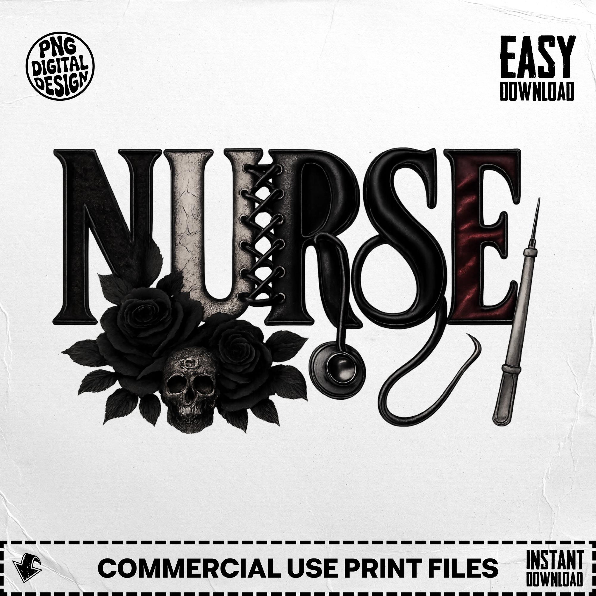 Gothic Nurse Digital PNG, Skull Flowers, Stethoscope Design, Medical ...