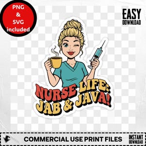 ナースライフ Jab and Java PNG、デジタルダウンロード、面白いナース SVG、コーヒーシリンジの漫画、ヘルスケアクリップアート、レトロな看護昇華ナース