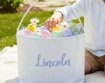 Personalized Easter Bunny Basket: Kids Name, Egg Hunt Boy Basket, Custom Seersucker Easter Girl Basket, Embroidered Rabbit Basket
