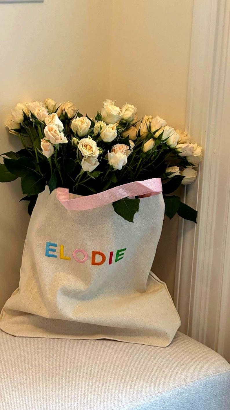 Embroidered Kids Name Tote Bag, Personalized Canvas Daycare Bag, Custom Name Kids Tote Bag image 6