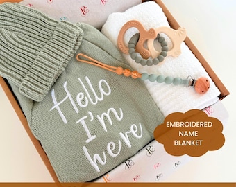 Personalized Baby Coming Home Outfit, New Baby Hamper, Baby Shower Gift, Custom New Baby Boy Gift Box, Hello I'm Newborn Gift Set