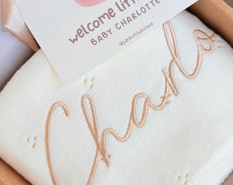 Personalized Knit Baby Blanket: Pointelle Swaddle, Newborn Gift, baby announcement, baby shower, Arabic Hebrew embroidery, baptism