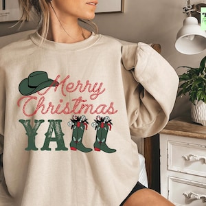 Cowboy Merry Christmas Yall Sweatshirt, Western Christmas Sweater, Cowgirl Christmas Sweatshirt, Ugly Christmas Sweater, Christmas Gifts