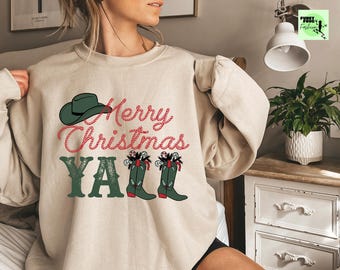 Cowboy Merry Christmas Yall-sweater, western-kersttrui, cowgirl-kersttrui, lelijke kersttrui, kerstcadeaus