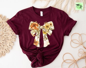 Floral Bow Fall Shirt, Women's Autumn Tee