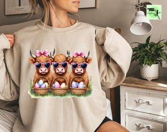 Cute Easter Cow Sweatshirt, Cute Heifer Pullover, Easter Bunny Shirt, Cow Lover Gift, Happy Easter Day Crewneck, Festive Spring Outfit