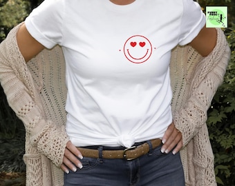 Retro Smiley Face Graphic Tee, Trendy Boho Checkered Shirt, Plus Size