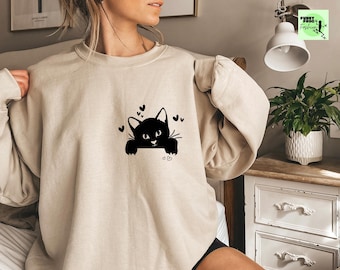 Cat Sweatshirt, Cute Cat Sweatshirt, Black Cat Shirt, Cat Peeking Sweatshirt, Womens Funny Sweater, Gift for Cats Lover, Cat Mom Sweatshirt
