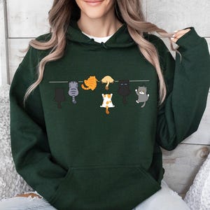 Pode incluir: Moletom verde escuro com um design divertido de gatos de desenho animado pendurados em um varal. Os gatos s&atilde;o de v&aacute;rias cores, incluindo preto, cinza, laranja e branco. O moletom tem capuz com cord&atilde;o e um bolso frontal.