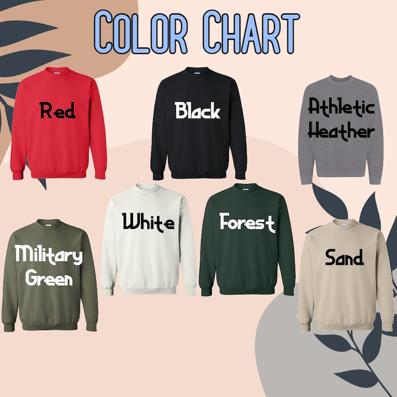 Pode incluir: Um gr&aacute;fico de cores exibe sete moletons de gola redonda em v&aacute;rias cores: vermelho, preto, athletic heather, verde militar, branco, verde floresta e areia. O texto "COLOR CHART" est&aacute; no topo em azul, com cada cor de moletom rotulada abaixo.