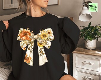 Fall Pumpkin Floral Bow Sweatshirt, Retro Autumn Tee