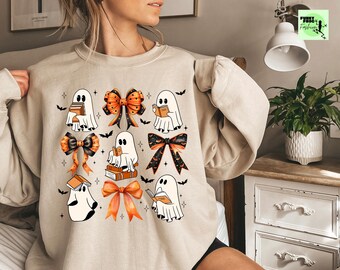 Retro Fall Ghost Sweatshirt, Pumpkin Bow Shirt
