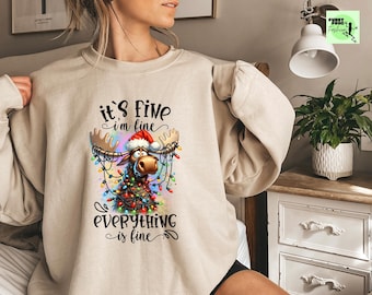 I'm Fine Christmas Sweatshirt, Funny Reindeer Lights Graphic