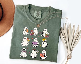 Comfort Colors Ghost Reading Books Shirt, Halloween Book Lover Tee