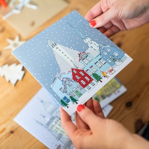 Carte de Noël de Reykjavik - ligne d'horizon de Reykjavik - carte de Noël scandinave - scène de Reykjavik