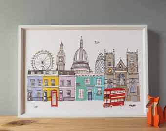 London Skyline Print A4  - London Landmarks - London Cityscape - London Wedding Gift - Engagement Gift