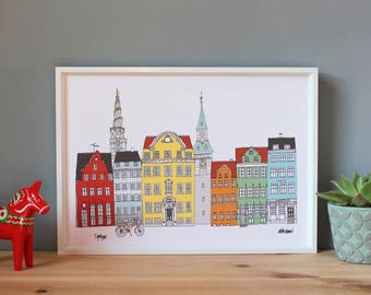 Copenhagen Skyline Print A3 - Scandinavian Art - Copenhagen Skyline - Copenhagen Poster - Copenhagen Gift - Copenhagen Landmarks