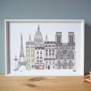 Paris Landmarks Art Print A3 - Paris Cityscape Illustration - Paris Wedding Gift