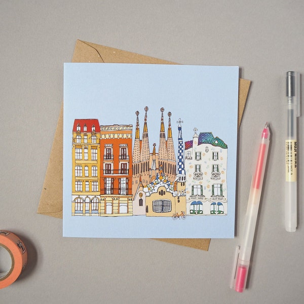 Barcelona Greetings Card - Barcelona Print - Eco Card -  Barcelona Cityscape - Barcelona Skyline - Engagement Card