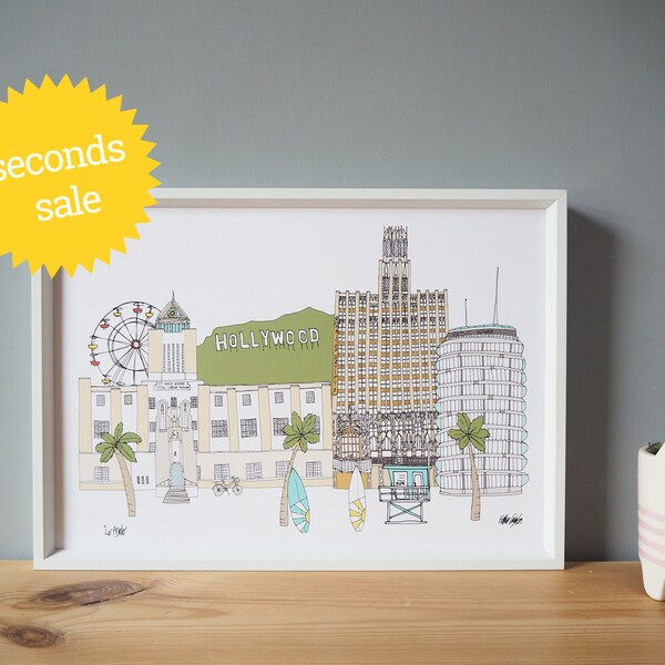 SECONDS SALE - Los Angeles Print A4 - L.A Cityscape Illustration - Los Angeles Skyline - Hollywood Print