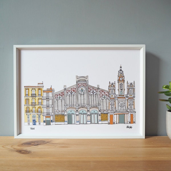 Valencia Print A4 - Valencia Illustration - Valencia Landmarks - Valencia Cityscape - Spanish Art - Wedding Gift