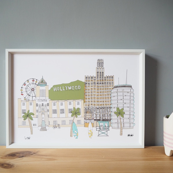 Los Angeles Print A4 - L.A Cityscape Illustration - Los Angeles Skyline - Hollywood Print