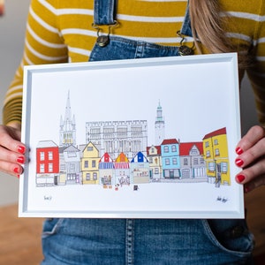 Norwich Cityscape Illustration A4 Print - Norwich Market - Norwich Landmarks - Norwich Gift - Norwich Wedding Gift