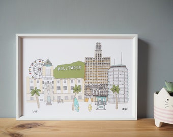 Los Angeles Print A4 - L.A Cityscape Illustration - Los Angeles Skyline - Hollywood Print