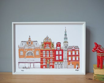 Groningen A3 Print  - Groningen Architecture Print - Groningen Cityscape - Netherlands Print - Groningen Skyline