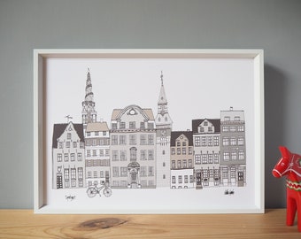 Copenhagen Cityscape Grey A3 Print - Copenhagen Buildings - Copenhagen Skyline - Scandinavian Gift - Nordic Gift