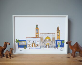 Marrakech Print A3 - Marrakech Cityscape Illustration - Marrakech Skyline - Marrakech Buildings - Travel Gift