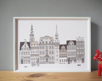 Copenhagen Skyline Grey A4 Print
