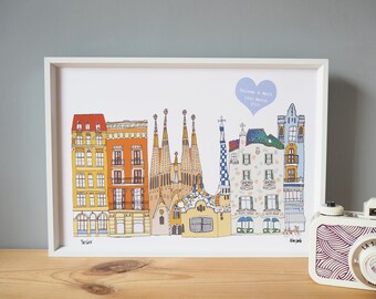 Lámina artística personalizada de Barcelona A3 - Impresión del horizonte de Barcelona