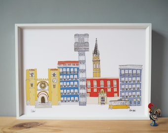 Lisbon Print A4 - Lisbon Illustration - Lisbon Cityscape - Lisbon Landmarks - Lisbon Wedding Gift - Lisbon Skyline