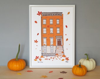 Autumn Townhouse Print A3 - Autumnal Decor - New York Townhouse - Townhouse in Fall