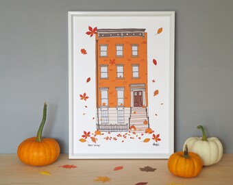 Autumn Townhouse Print A4 - Autumnal Decor - New York Townhouse - Townhouse in Fall