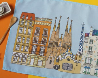 Barcelona Tea Towel - Barcelona Gift - Barcelona Skyline Print