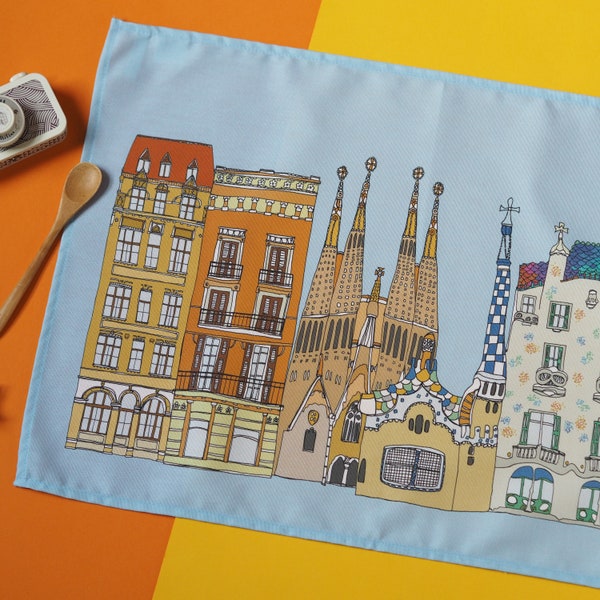 Barcelona Tea Towel - Barcelona Gift - Barcelona Skyline Print