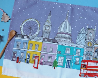 London Christmas Tea Towel - London Skyline Print - London Landmarks - London Gift