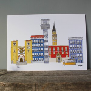 May include: A colorful illustration of Lisbon, Portugal, featuring iconic landmarks like the Jer&oacute;nimos Monastery, the Santa Justa Lift, and the S&atilde;o Jorge Castle. The illustration is in a cartoon style and includes a yellow tram.
