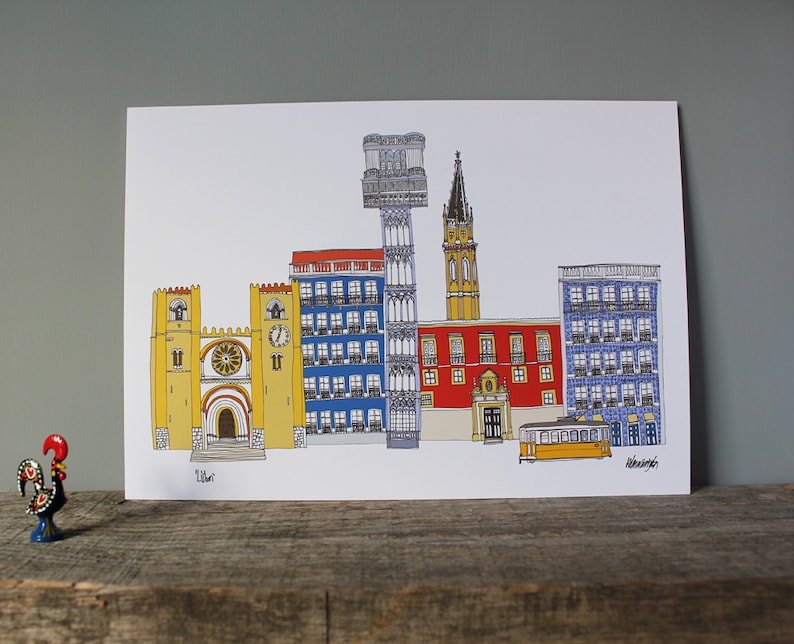 May include: A colorful illustration of Lisbon, Portugal, featuring iconic landmarks like the Jer&oacute;nimos Monastery, the Santa Justa Lift, and the S&atilde;o Jorge Castle. The illustration is in a cartoon style and includes a yellow tram.