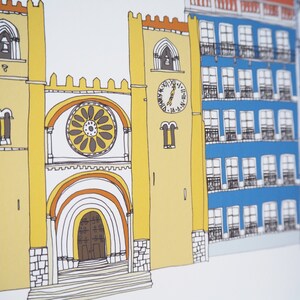 May include: A hand-drawn illustration of a yellow building with a large round window and a clock tower. The building is next to a blue building with multiple windows and balconies.