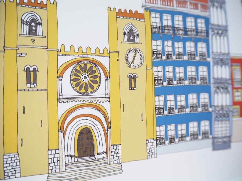 May include: A hand-drawn illustration of a yellow building with a large round window and a clock tower. The building is next to a blue building with multiple windows and balconies.