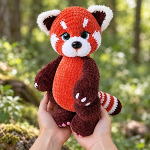 May include: A plush red panda toy crafted from soft, textured yarn. The creature features a vibrant orange body, dark brown limbs, and a striped tail. It has large, glossy black eyes, a black nose, and white accents on its ears and face.