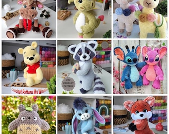 9in1 Set Crochet Pattern Cute Animals Bundle Raccoon Dragon Lama Stitch Totoro Donkey Fox Reindeer Winnie the Pooh Pdf Instant Download