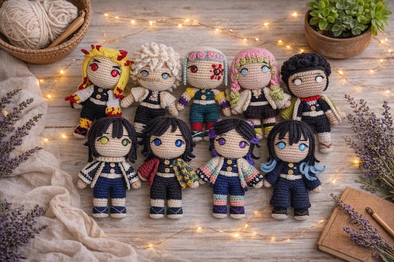 May include: A collection of nine handmade crochet dolls with detailed features. Each doll has unique hair and clothing, with vibrant colors like yellow, pink, and blue. The dolls are arranged on a wooden surface with decorative lights.